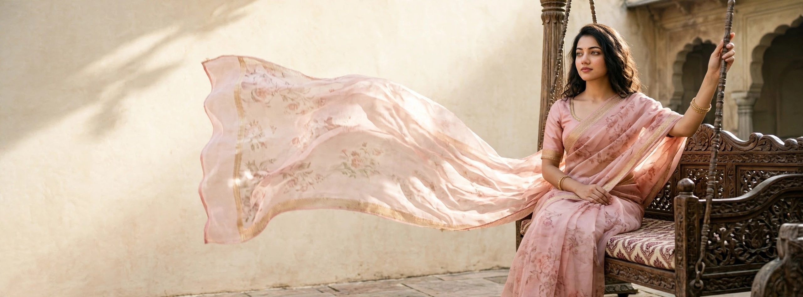 Model in a handwoven pink saree seated on a carved courtyard swing, the pallu flowing in the breeze